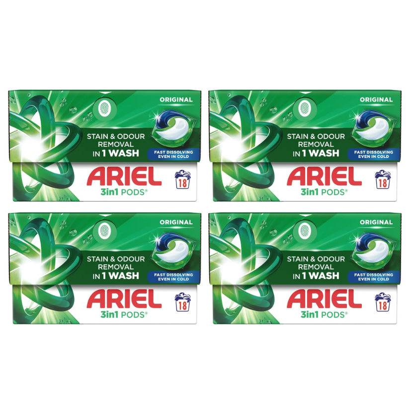 Ariel 3in1 Pods Washing Liquid Capsules 18 Washes x4 Boxes
